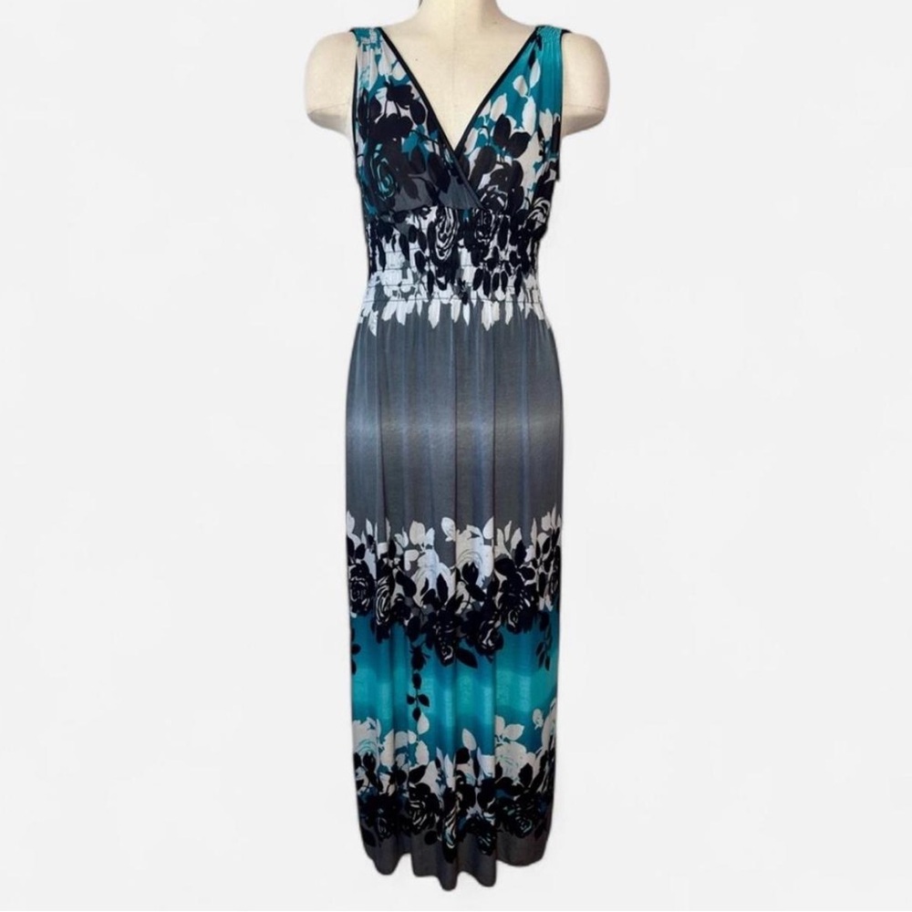 A.C.E Fashion Silk Blend Floral Maxi Dress M Crisscross Back Boho Blue & Black